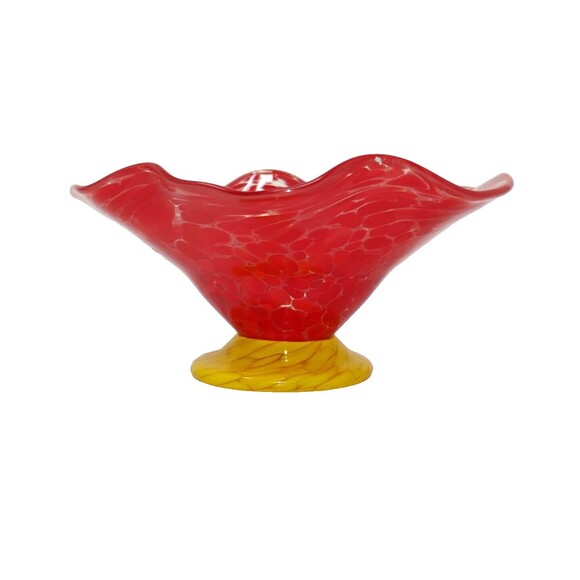 Artist Signed Wonkie Jimmie Art Glass Waffled Edge Footed Candy Compote Bowl Red - Picture 1 of 11